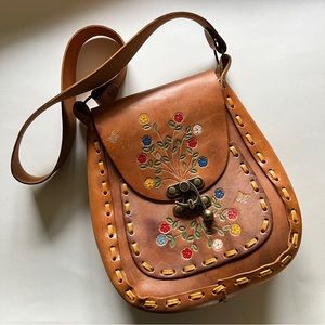 Vintage Hippy Boho 1970s Hand-Tooled Leather Bag Floral Accents